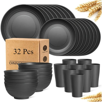 Wheat Straw Dinnerware Set Unbreakable 16 or 32-Piece Service for 4 or 8, Lightweight Dishwasher Microwave Safe Dish Set with Plates Bowls