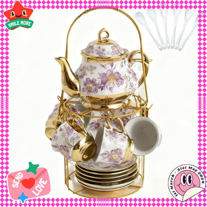 European Floral Ceramic Tea Set 20 Pcs – Italian Style Afternoon Tea Set with Metal Stand – Blooming Pattern Teapot & Cups