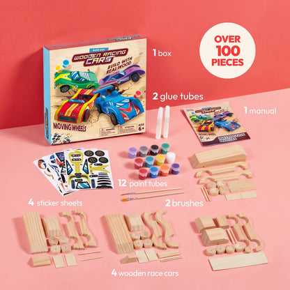 DIY Wooden Race Cars 4pcs Build & Paint Kit for Kids Ages 8+, 44 Pre-Cut Pieces 12 Colors Racing Stickers