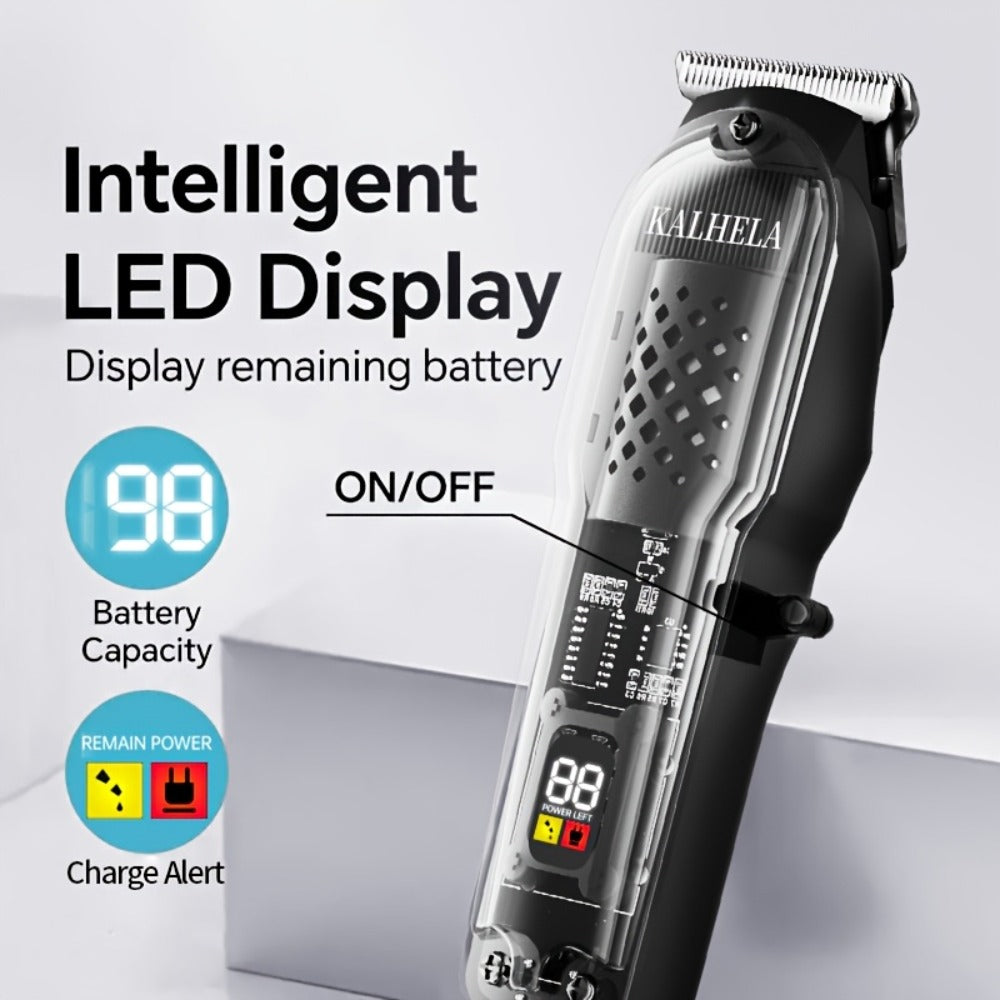 Transparent Electric Hair Clipper with Digital Display, Four Guide Combs, Grooming Tools and Red, Black or Blue Finish