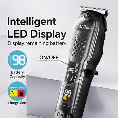 Transparent Electric Hair Clipper with Digital Display, Four Guide Combs, Grooming Tools and Red, Black or Blue Finish