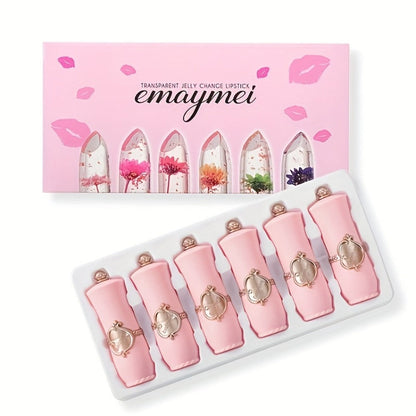 Lip Balm emaymei 6-Piece Flower Jelly Stick Set with Clear Gloss Texture and Pink Gift Box