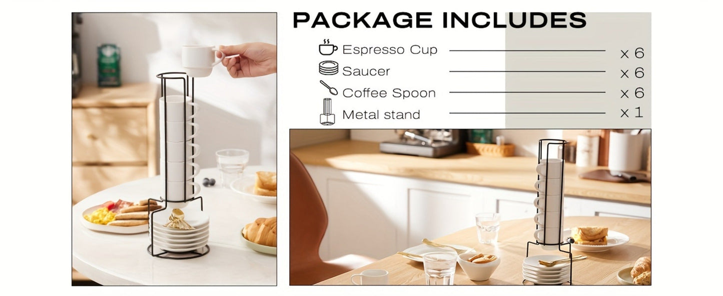 Espresso Cups Set of 6 with Saucers, Spoons & Metal Stand, 4oz Stackable Ceramic Cappuccino Mugs for Double Espresso