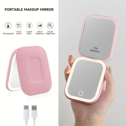 10X LED Lighted Compact Mirror USB Rechargeable 1X 10X Magnification Dimmable 3-Color Touch Screen – Double Sided Portable Travel Pocket
