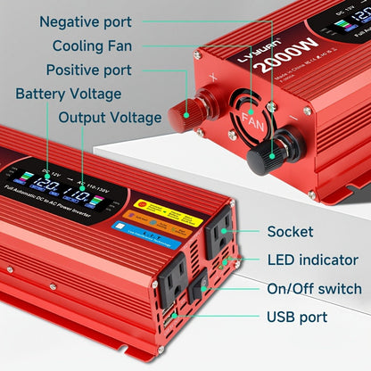 Multi-Format Car Power Inverter with 200W, 1000W or 3000W Labels in Red and Black Options for Vehicles