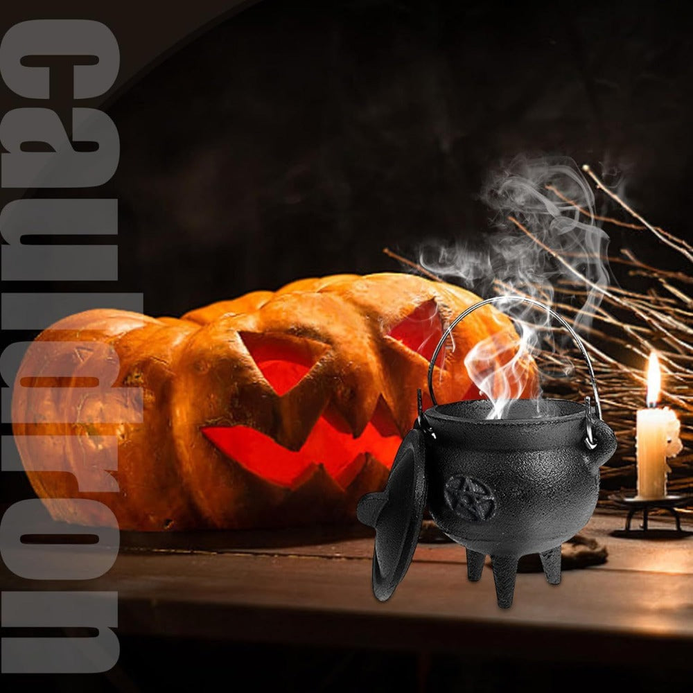 Cast Iron Cauldron with Lid & Handle, Witchcraft Incense Burner, Spell Ritual Pot, Halloween Decor