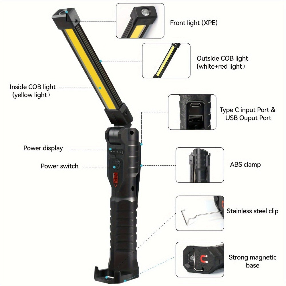 COB LED Work Light Magnetic Base Rechargeable USB 20000 Lumens 7 Modes 180° Rotation Portable for Entryways, Bedrooms and Living Spaces