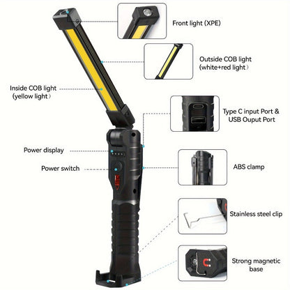 COB LED Work Light Magnetic Base Rechargeable USB 20000 Lumens 7 Modes 180° Rotation Portable for Entryways, Bedrooms and Living Spaces