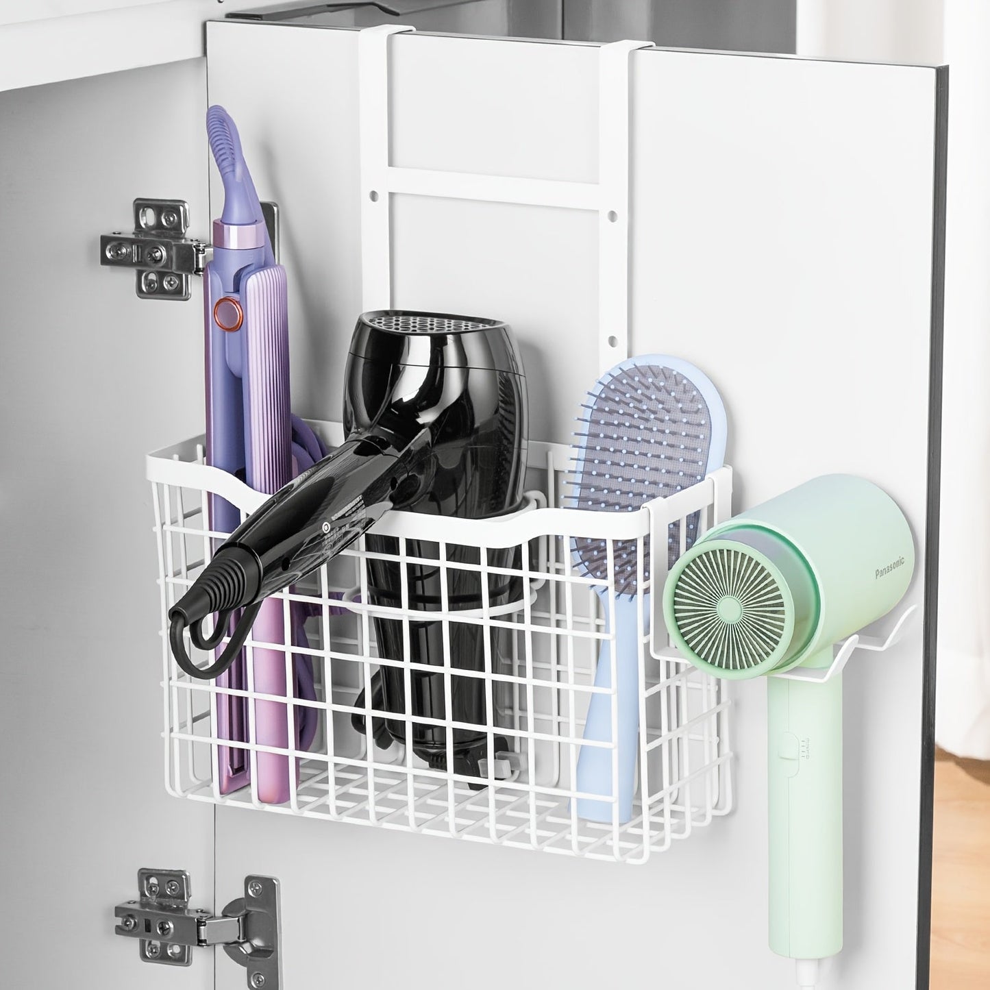 Hanging Hair Tool Organizer with Adjustable Mounting Height, Wire Basket and Black or White Finish