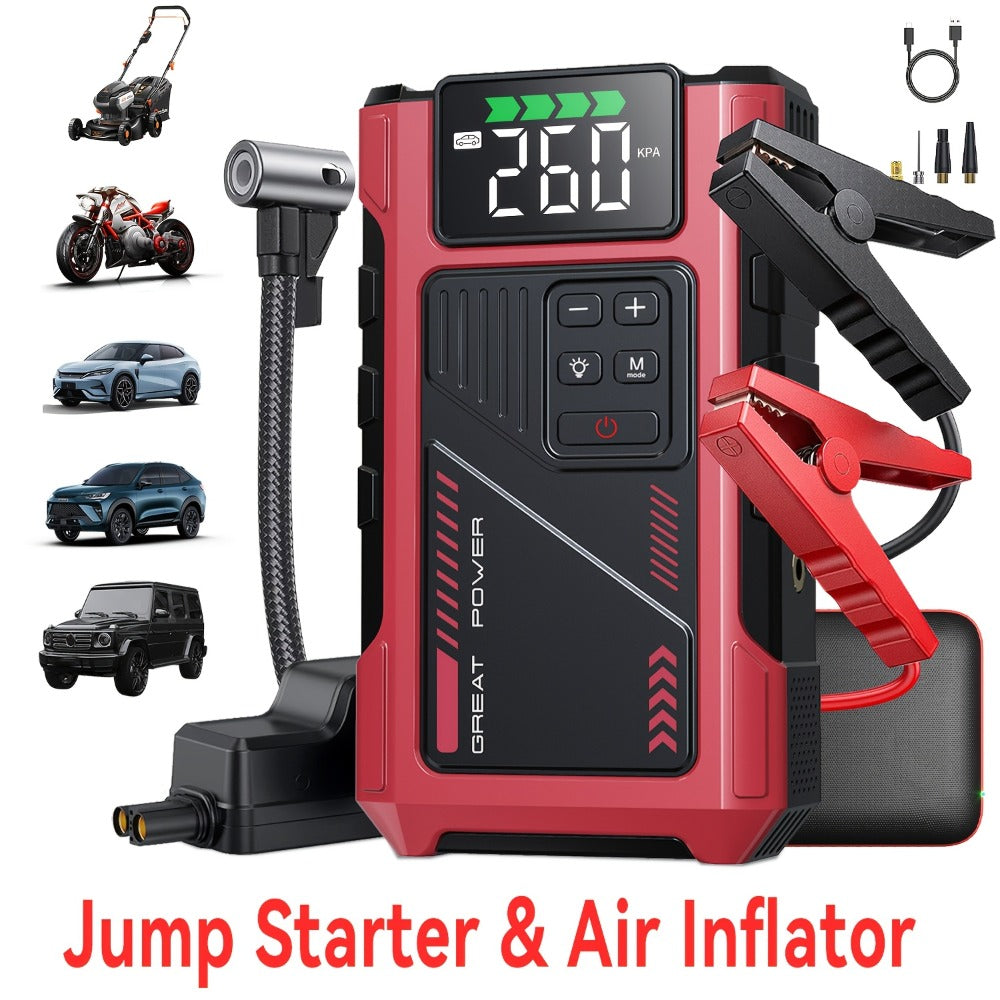 Portable Jump Starter 9-in-1 with Air Compressor – 12V Car Battery Booster for 8.0L Gas & 6.5L Diesel, USB-C, LED Emergency Light