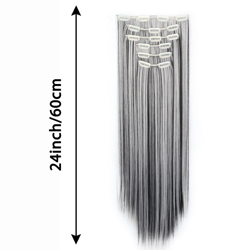 Space Gray Clip In Hair Extensions 6 Piece Set 24 Inch Heat Resistant Synthetic Fiber – Instant Length & Volume for Women | Daily Wear