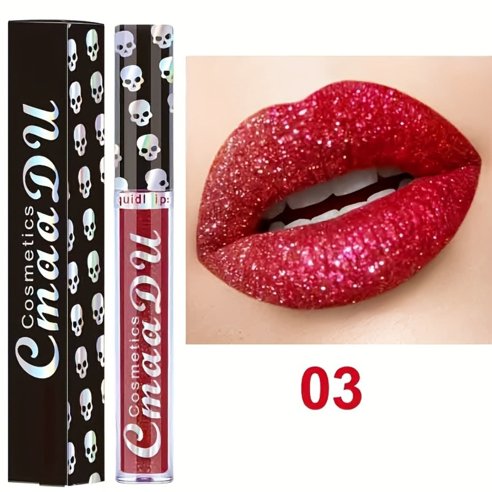 Glitter Lip Gloss Set 3pcs Skull Design Shimmer Liquid Lipstick Long Lasting Easy Remove Bold Shiny Lip Color for Music Festival Rave Party
