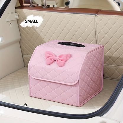 Car Trunk Organizer, Foldable Faux Leather Bow-Detail Box in 30L or 35L Size with Pink and Black Options