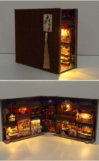 Book Nook Kit Chinese Food Street Miniature Dollhouse 3D Wooden Puzzle Bookshelf Insert DIY Model Building Set for Adults Teens