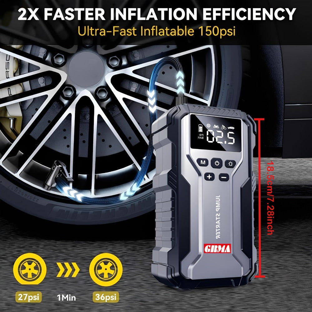 Car Jump Starter with Air Compressor 150PSI – 7-in-1 Portable Emergency Battery Booster Pack for Gas & Diesel Engines, Digital Display
