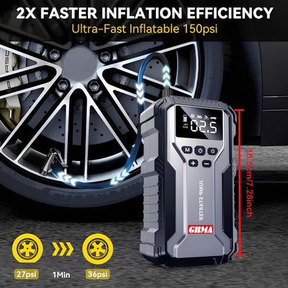 Car Jump Starter with Air Compressor 150PSI – 7-in-1 Portable Emergency Battery Booster Pack for Gas & Diesel Engines, Digital Display