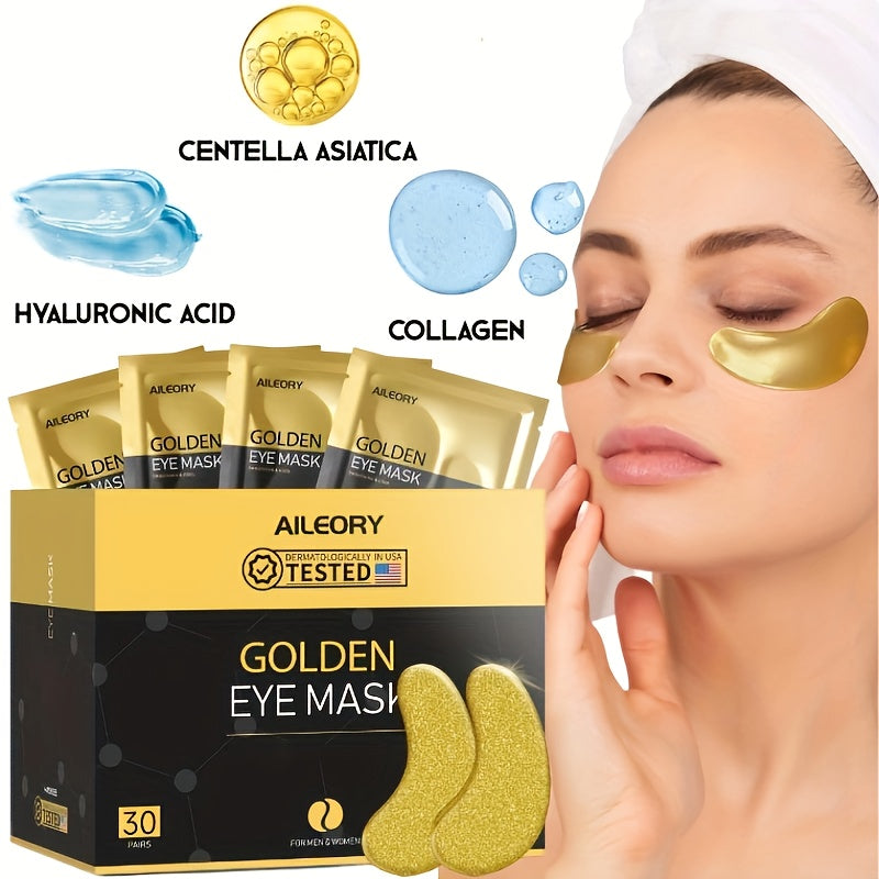 30-Pair ALIEORY Gold-Tone Under-Eye Patch Box with Individual Pouches and Collagen and Hyaluronic Acid Wording