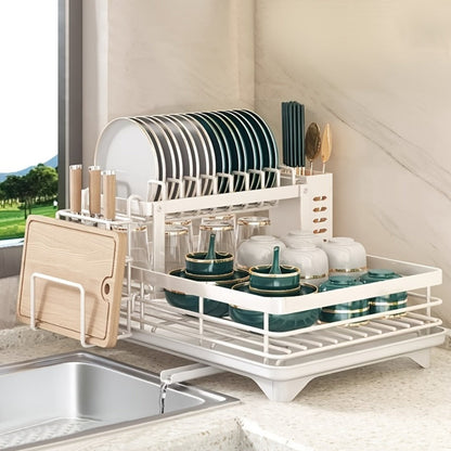 Two-Tier Dish Drying Rack Set with Metal Frame, Drainboard, Mat and Utensil and Cup Holders