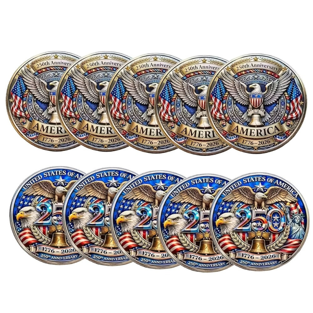US 250th Anniversary Commemorative Coins 1776-2026 Set of 10 – America 250 Collectible Coins with Dual Historical Patterns