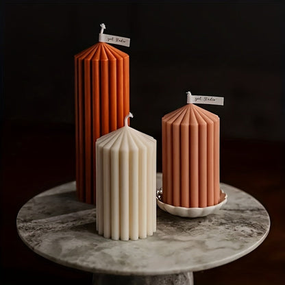 White Ribbed Soy Wax Pillar Candle Pair with Two Matched Sizes or One-of-Each Mixed-Size Option