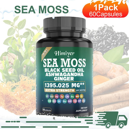 Sea Moss Ashwagandha Capsules 16-in-1 with Black Seed Oil Turmeric Cinnamon, Boosts Energy Immunity & Athletic Performance