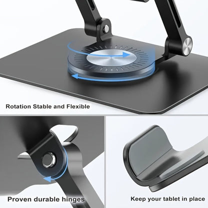 Black or Silver Rotating Tablet Stand with Foldable Metal Desktop Base and 17 × 15 × 11 cm Package Dimensions