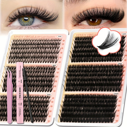 Lash Extension Kit with 708 Clusters in 8-16mm Mixed Lengths and 30D-100D Densities, Glue, Tweezers and Brush