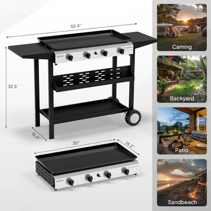 Flat Top Griddle Propane Tabletop 2 or 4 Burner, 20000 BTU Portable Gas Grill with Nonstick Enamel Tray