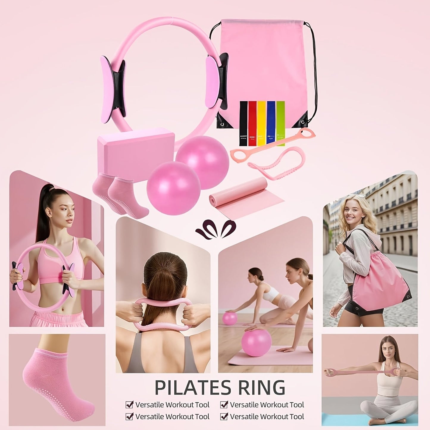 Pink 14-Piece Pilates Ring Set with Two Balls, Five Resistance Bands, Foam Block and Drawstring Bag
