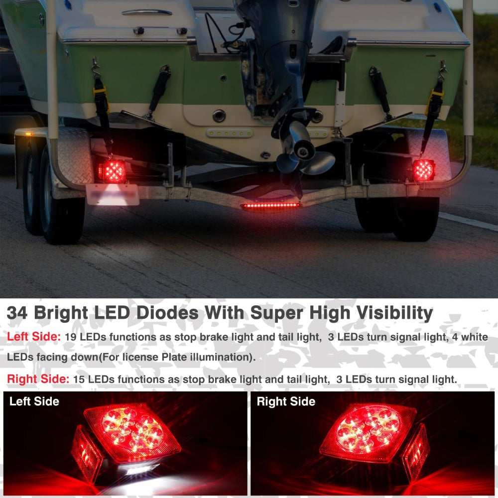 LED Trailer Light Kit with Wire Harness – Tail Lights, Amber Marker Lights & Brake ID Bar, 12V, Fits Boat Trailer Camper Truck Snowmobile