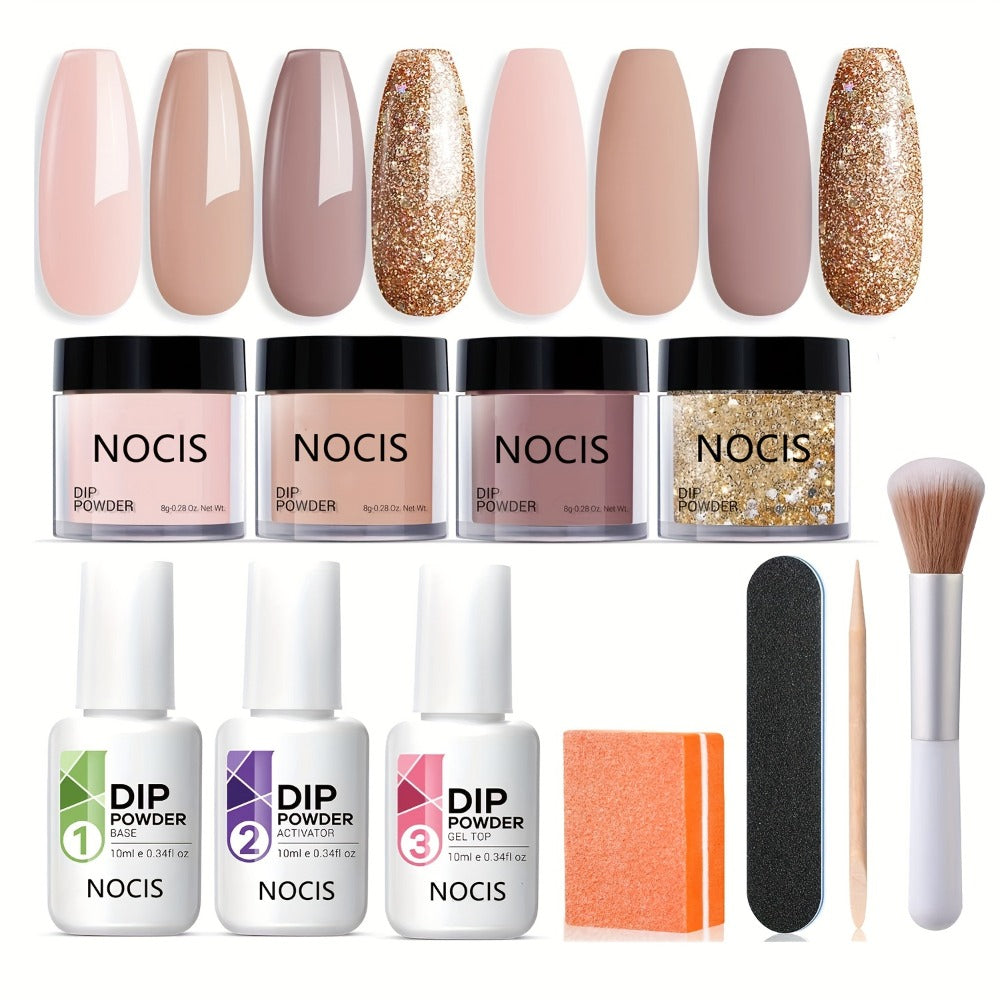 Dip Powder Nail Kit with NOCIS Label, Four Nude and Gold Glitter Powders, Three 10ml Liquids and Four Tools