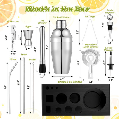 28-Piece Bartender Tool Set with Cocktail Shaker, Three-Tier Glass Rimmer, Garnish Tray and Organizers