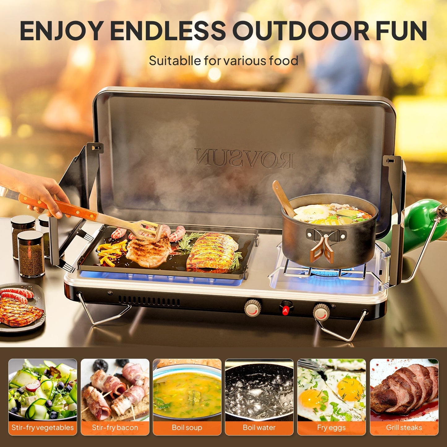 Portable Propane Griddle and Burner Camping Stove with Four Color Labels and 23.23-Inch Closed Width