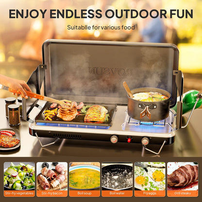 Portable Propane Griddle and Burner Camping Stove with Four Color Labels and 23.23-Inch Closed Width