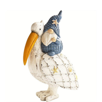 Pelican Gnome Figurine 11.5", Resin Coastal Beach Decor with Starfish & Seashell, Tabletop Statue for Home