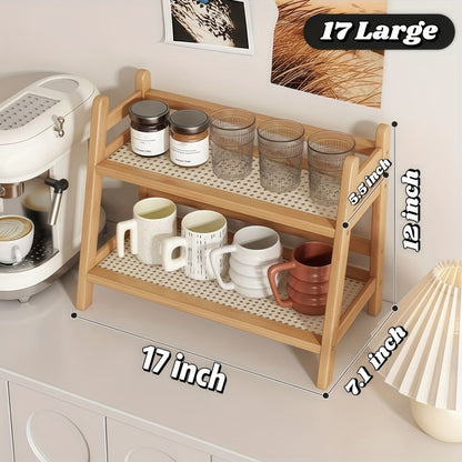 Bamboo Countertop Shelf Organizer 2-Tier – Trapezoidal Wooden Storage Rack for Kitchen Office Bedroom and Desk