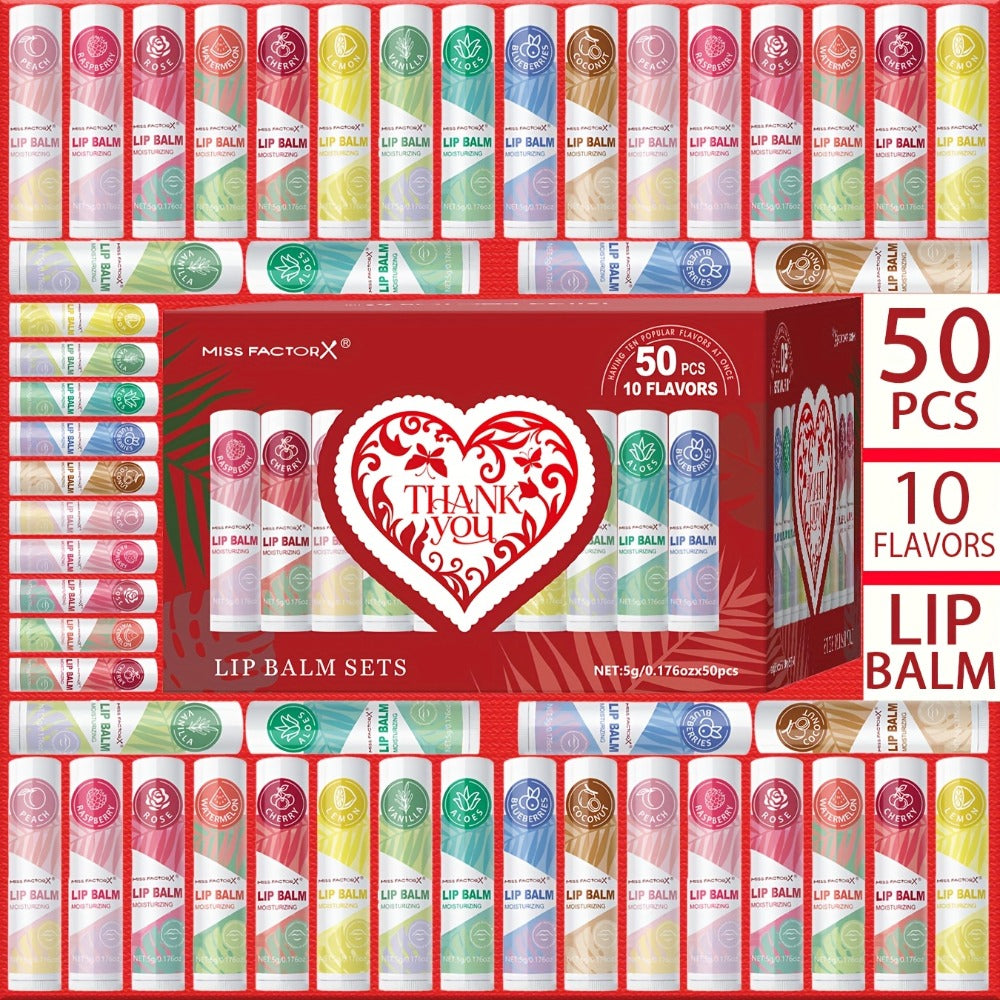 Fruit Flavored Lip Gloss Set 50 Pieces – Moisturizing Lip Balm Kit in 10 Colors, Hydrating Lip Care for Dry & Cracked Lips, Day & Night Use