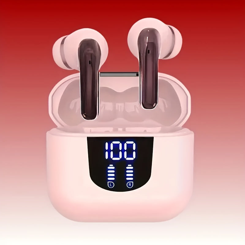 Bass Stereo Wireless Earphones Bluetooth 5.4, Playtime In-Ear Earbuds with Noise Cancelling Mic & LED Display