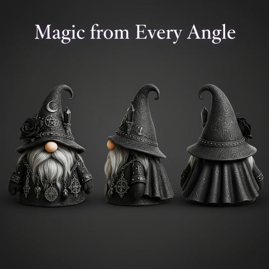 Gothic Gnome Figurine in Resin with Crescent-Marked Hat, Rose and Pentagram Details and 15 x 10cm Size