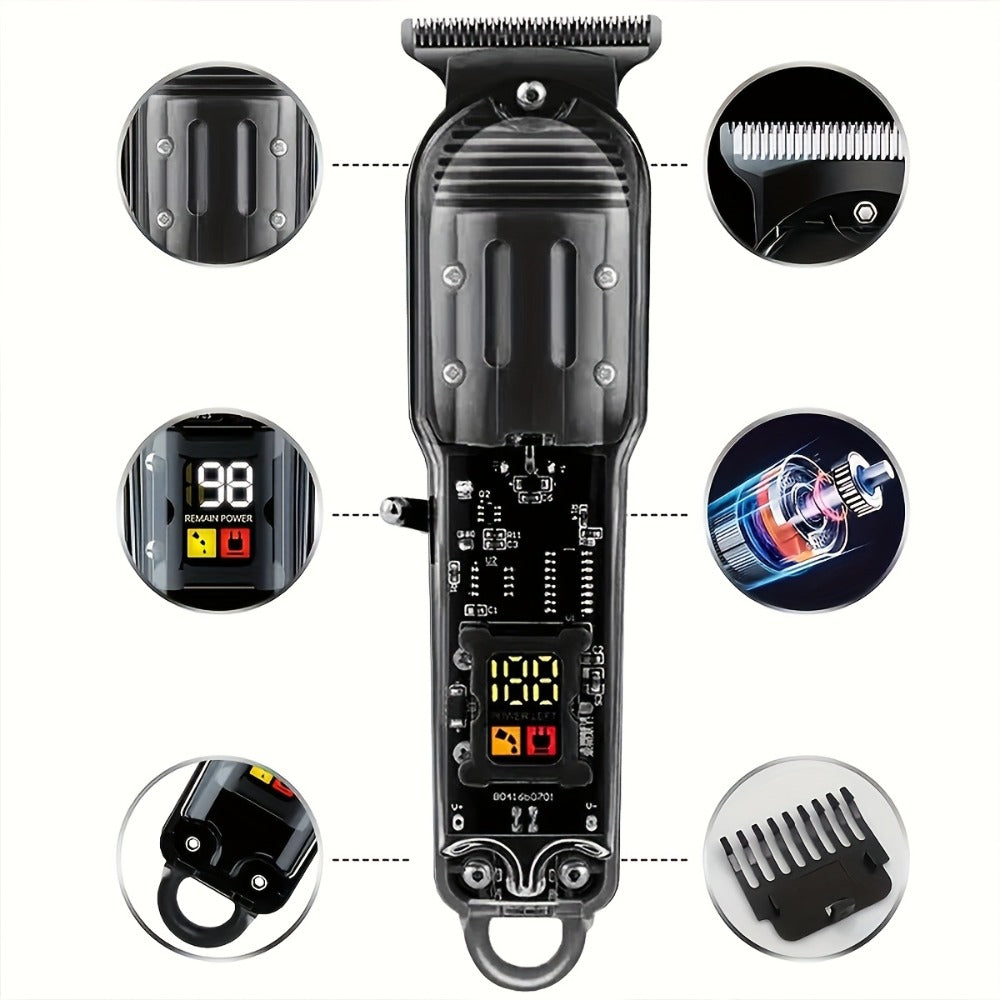 Hair Clippers & Trimmers Transparent LCD Kit with Full-Size Clipper, T-Blade Detailer, Foil Shaver and Type-C Charging