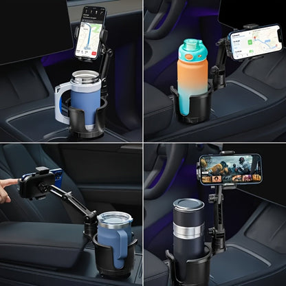 Cup-Holder Car Phone Mount with Bottle Recess, Double-Jointed Long Arm and Rotating Clamp Pictured