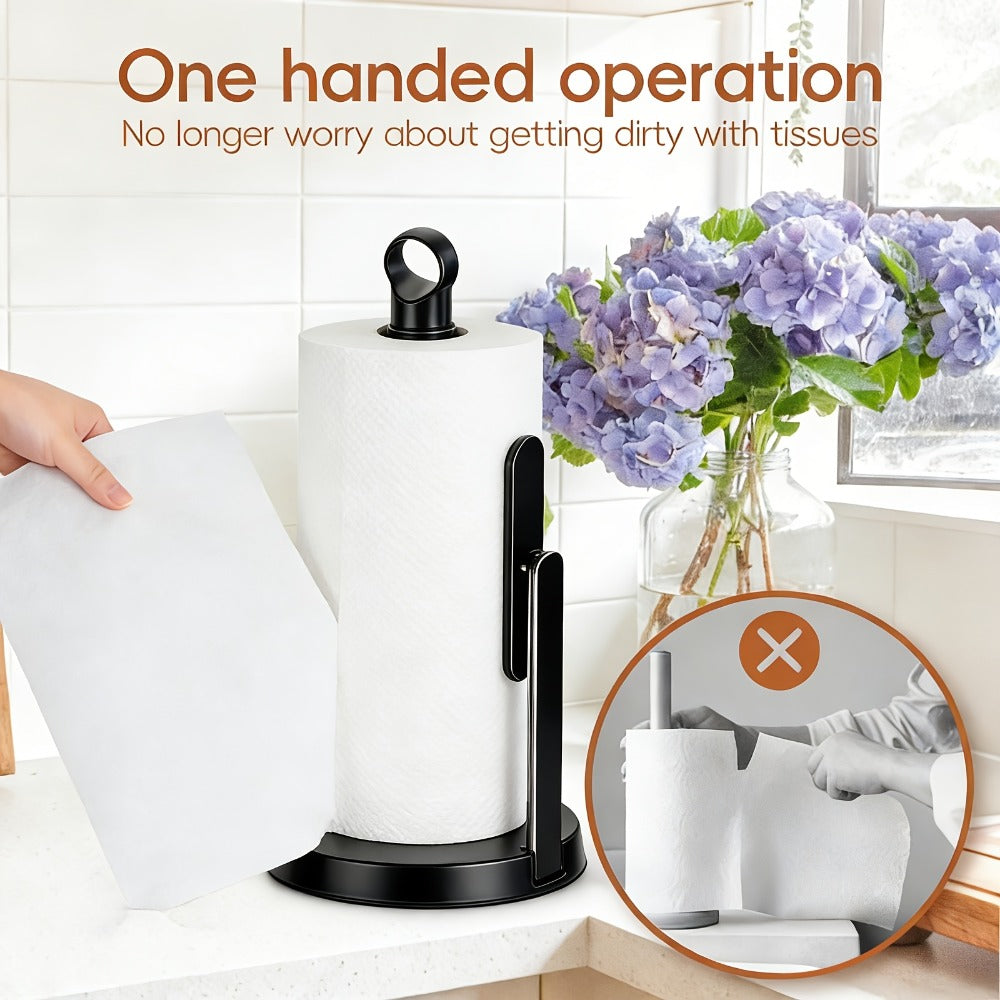 Paper Towel Holder Countertop – Stainless Steel Standing Dispenser with Tension Arm for One-Handed Tear
