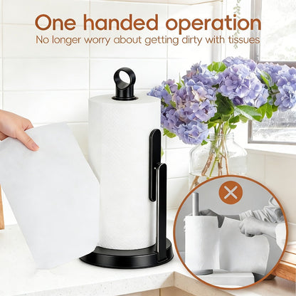 Paper Towel Holder Countertop – Stainless Steel Standing Dispenser with Tension Arm for One-Handed Tear