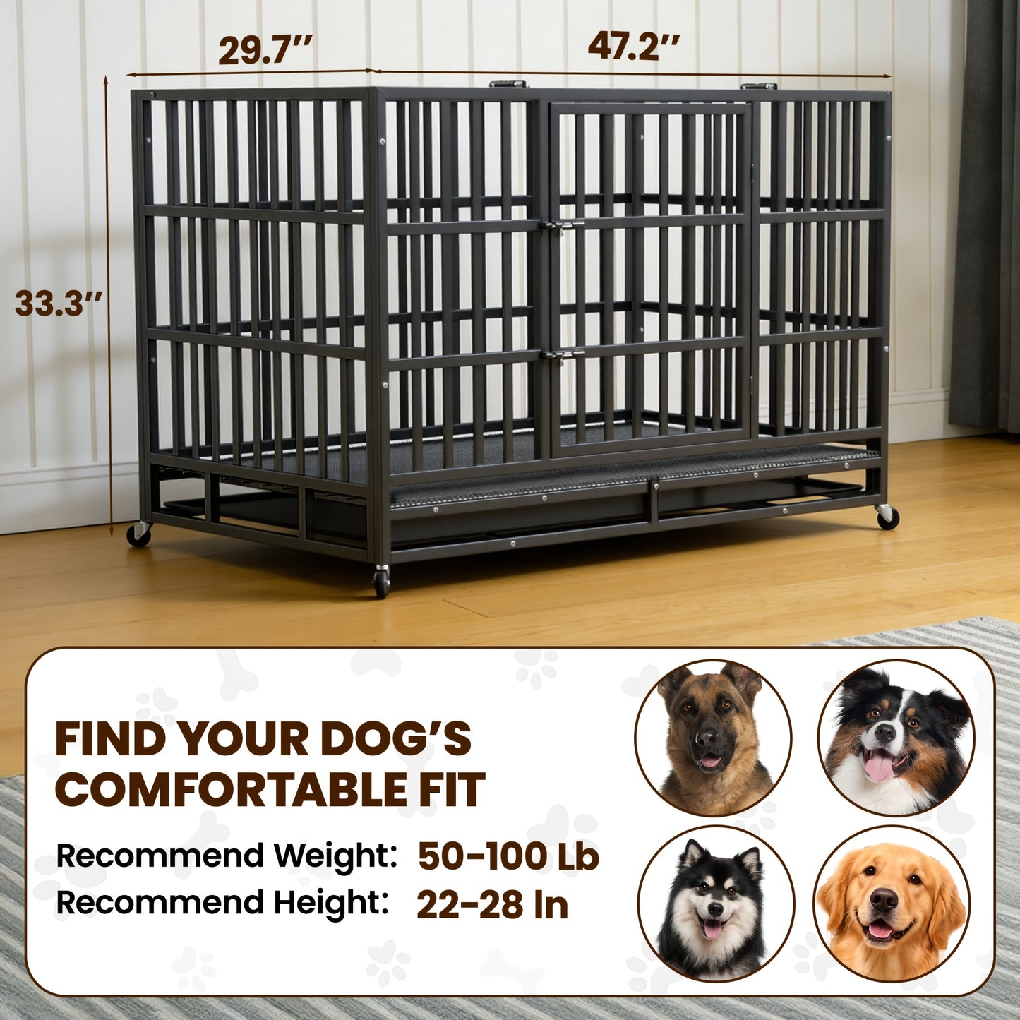 Heavy Duty Escape-Proof Dog Crate with Wheels & Removable Tray – Double Door Indoor Kennel for Large & XL Dogs | 42IN & 48IN