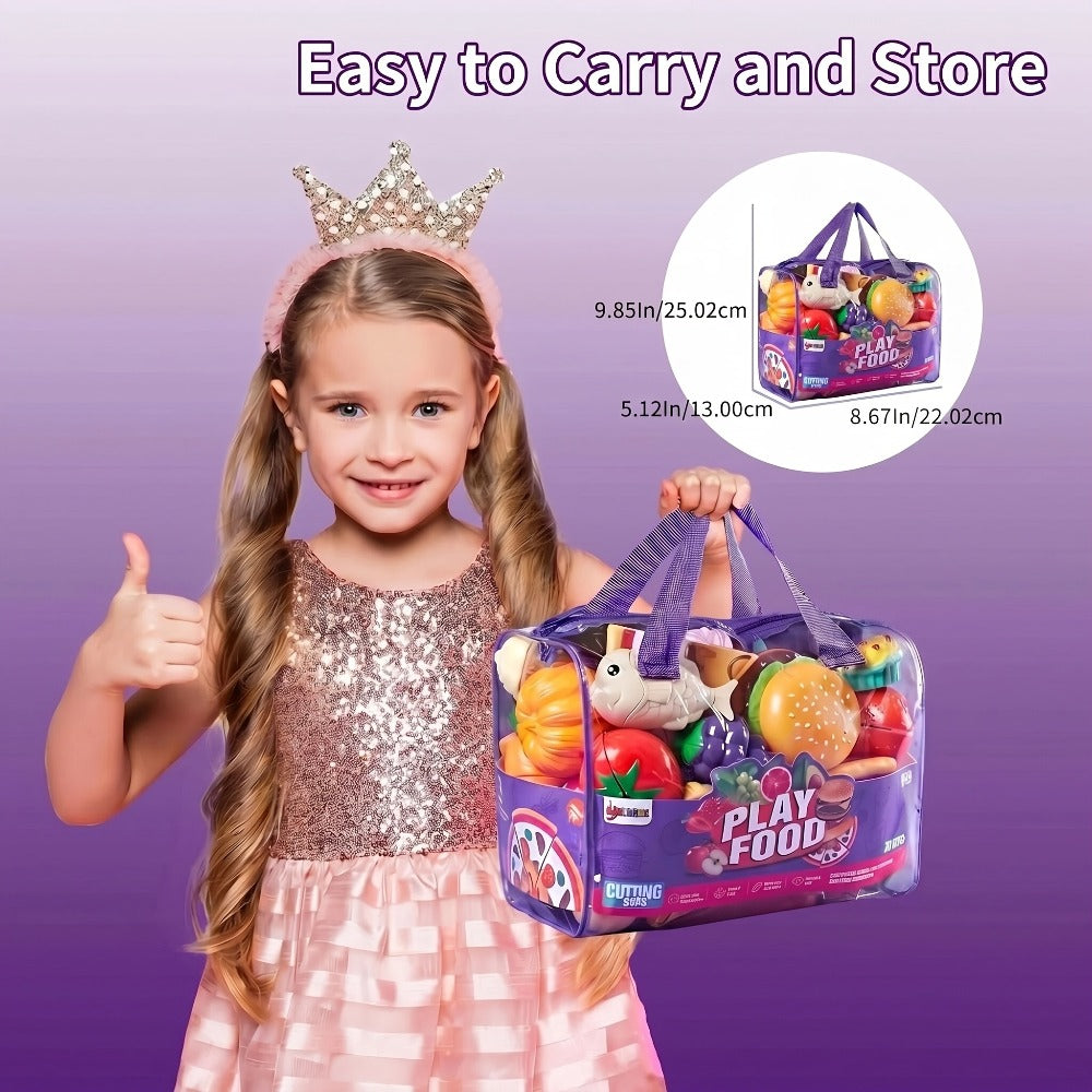 78 Pcs Kids Kitchen Toy Set with Storage Bag - Pretend Play Dinnerware, Fake Fruits & Vegetables