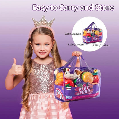 78 Pcs Kids Kitchen Toy Set with Storage Bag - Pretend Play Dinnerware, Fake Fruits & Vegetables
