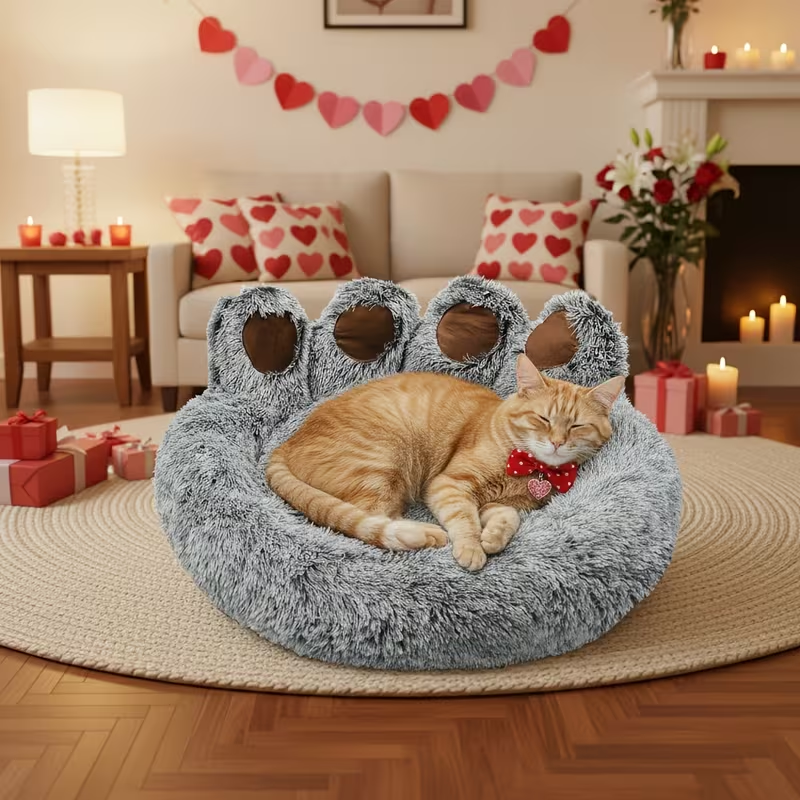 Dog Bed Cat Bed Bear Paw Shaped Donut – Calming Round Plush Pet Mattress, Warm & Soft Cuddler Bed for Dogs and Cats, Includes Pet Scarf