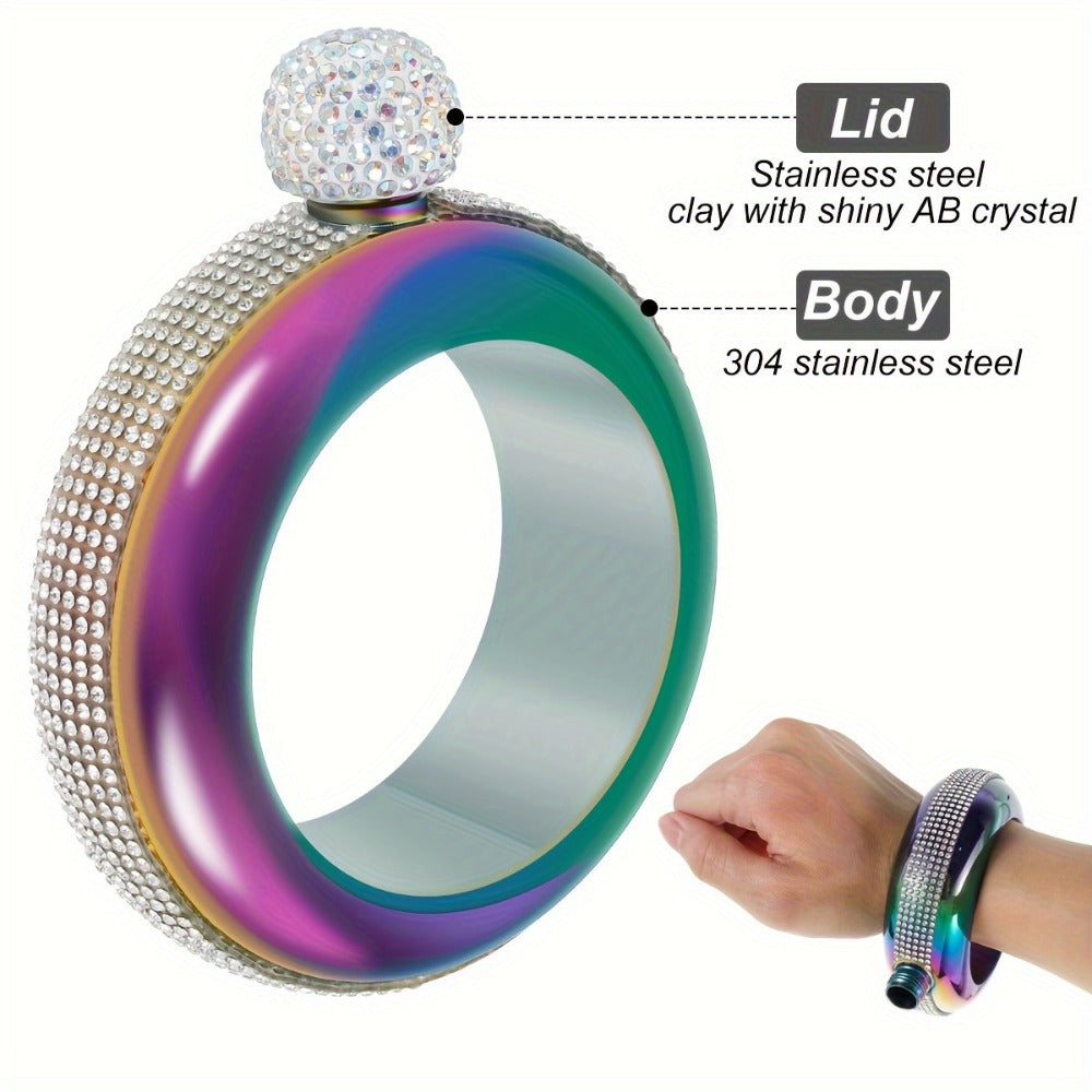 Bracelet Flask for Women, 3.5oz Stainless Steel Bangle Hidden Flask with Rhinestone Lid, Wearable Portable Liquor Flask for Parties