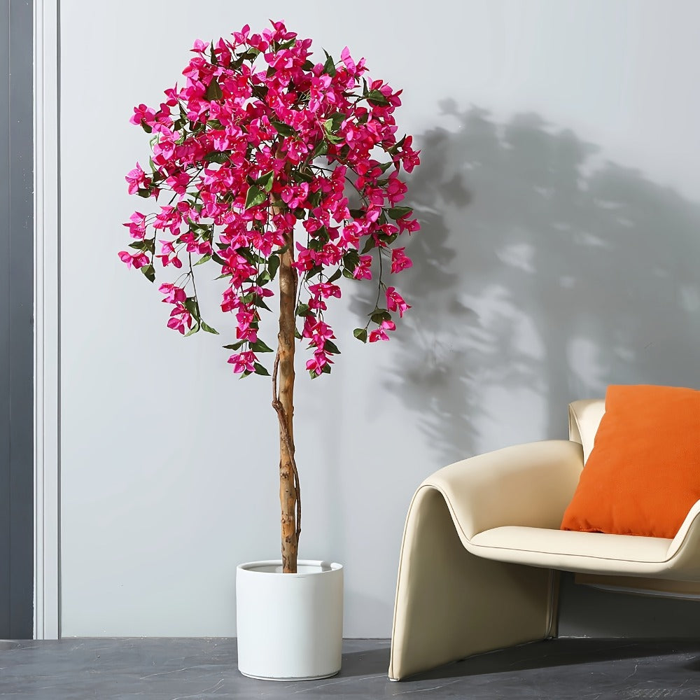 Artificial Bougainvillea Tree, 5-Foot Pink Flowering Plant with Wood-Look Trunk and Black Base Pot