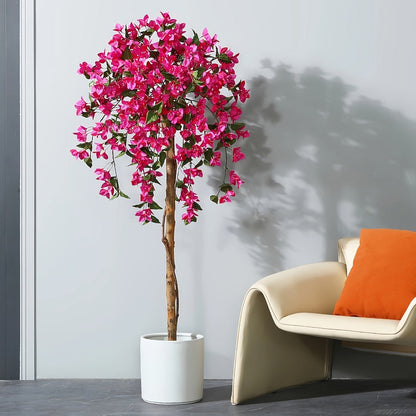 Artificial Bougainvillea Tree, 5-Foot Pink Flowering Plant with Wood-Look Trunk and Black Base Pot